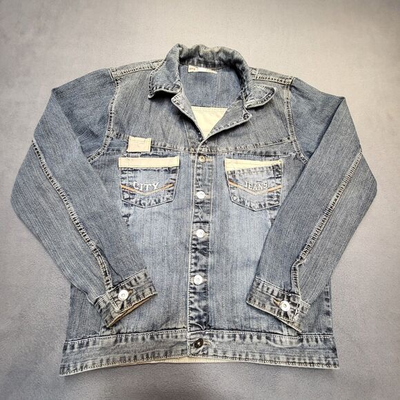 City Jean Jacket Womens L Blue Denim Trucker Distressed Y2K Grunge - Picture 1 of 8